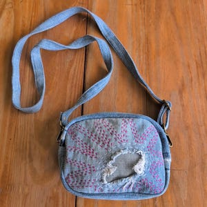 Sashiko Upcycled Denim Mini Crossbody Bag: Distressed Jeans, Detachable Strap