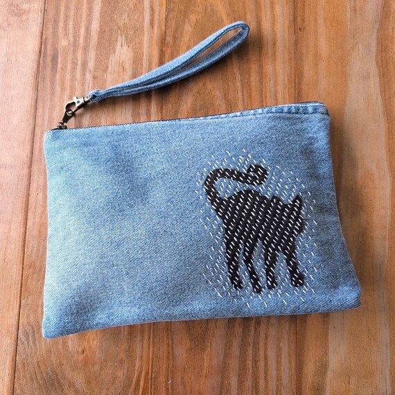 Cat Applique Denim Clutch: Upcycled Jeans Wristlet With Sashiko - Etsy