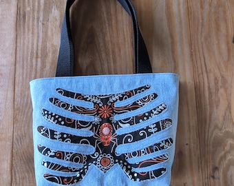 Upcycled Denim Ribcage Tote Bag: Halloween Lined Book Bag