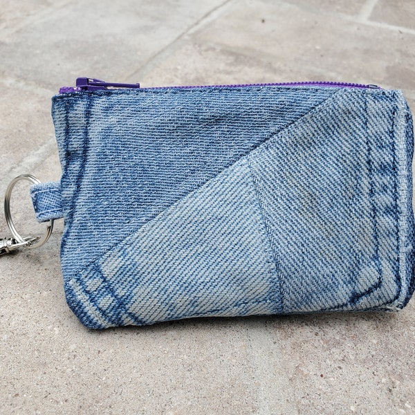 Zippered Tiny Pouch, Upcycled Distressed Denim Coin Pouch, Zip & Clip Recycled Jeans Mini Pouch, Pocket Organizer, Keychain Pouch