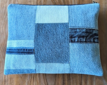 Patchwork Denim Zip Pouch: Upcycled Jeans Clutch