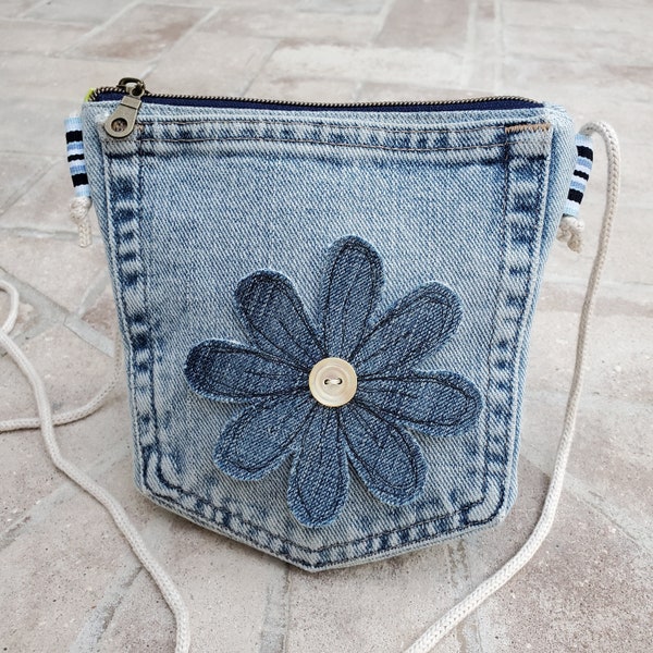 Upcycled jeans crossbody mini bag with denim flowers, reclaimed denim bag, floral embellished denim back pockets bag