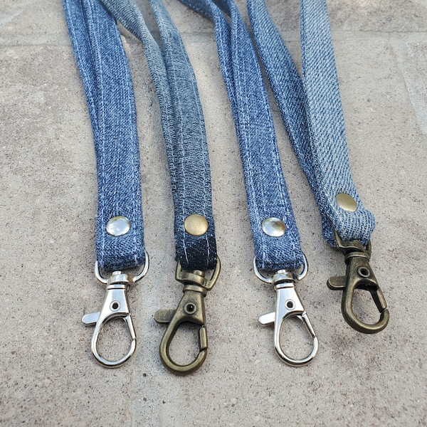 Denim Wristlet Strap, Upcycled Jeans Wrist Strap for Small Purse or Pouch, Clip-On Loop Silver or Antique Bronze, Replacement Denim Strap