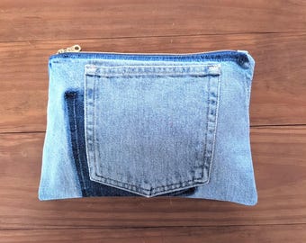 Repurposed Denim Pocket Clutch: Upcycled Jeans Pouch with Rainbow Lining