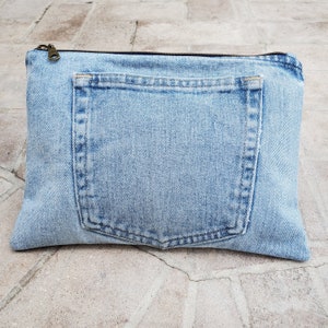 Upcycled Denim Pocket Clutch, Reclaimed Light Wash Denim Pouch with Tropical Print Lining