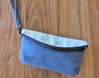 Reclaimed Denim Clutch: Upcycled Shibori Bag with Detachable Strap