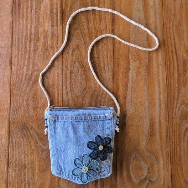 Upcycled Denim Crossbody Bag with Flower Embellishments