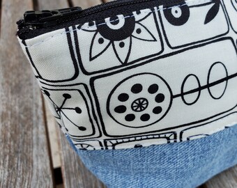 Upcycled Denim Zipper Pouch with Black & White Print Fabric, Open Wide Pouch