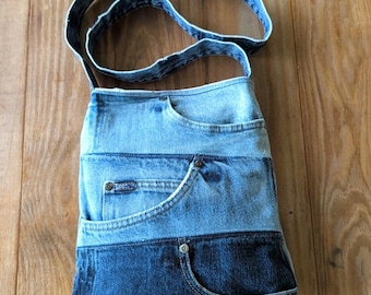 Upcycled Denim Shoulder Bag: Pieced Jeans Pockets, Boho Style