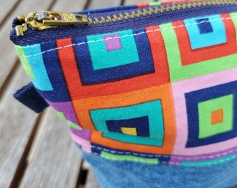 Upcycled Denim Zipper Pouch with Multi-Color Geometric Print Fabric, Open Wide Pouch