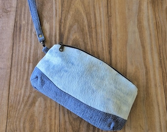 Reverse Shibori Denim Wristlet: Upcycled Clematis Clutch with Strap