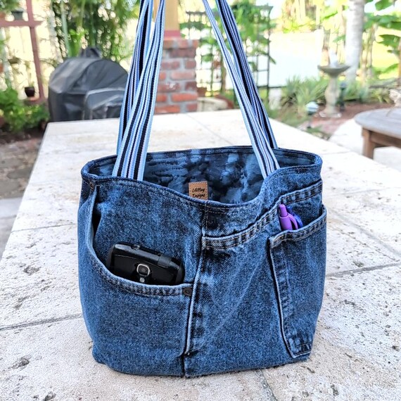 バッグ upcycle denim Volume totebag Upcycled Denim Tote Bag: Small Lined Book Bag With Jeans Pockets