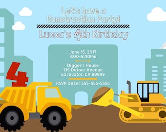 Construction Party PDF JPG invitation, Boys birthday, dump truck party, digger birthday, construction zone party, construction birthday fun