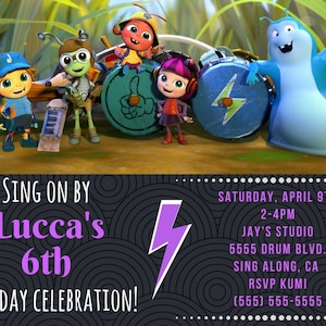 May include: A birthday invitation for a 6th birthday party featuring a cartoon band of characters. The invitation says "Sing on by Lucca's 6th Birthday Celebration!" and includes the date, time, location, and RSVP information.