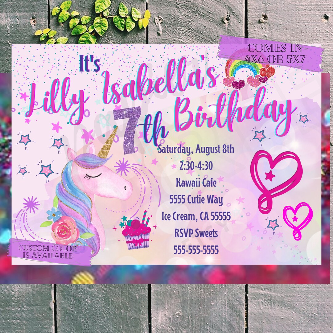 Glittery Unicorn Birthday Invitation Digital Jpg Upload Girly Rainbow ...