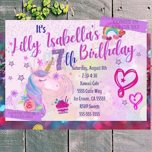 May include: A pink and purple birthday invitation with a unicorn, stars, and hearts. It's Filly Isabella's 7th Birthday. The invitation includes the date, time, location, and RSVP information.  Comes in 4x6 or 5x7.