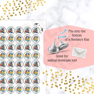 May include: A sheet of 36 round stickers featuring the characters from the animated series Beat Bugs. Each sticker is 0.75 inches in diameter and features a colorful illustration of the characters. The stickers are designed to fit on the bottom of Hershey's Kisses chocolate candies.