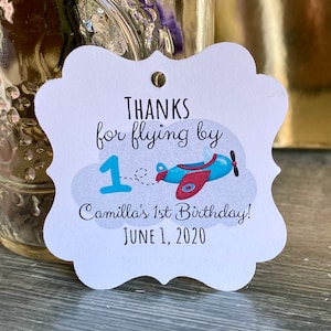 Airplane birthday favor tag, gender neutral birthday, blue pink yellow airplane thank you tags, airplane theme birthday treat, bday parade