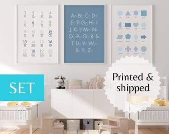 Set of 3 preschool  prints for toddlers learning shapes counting abc educational school decor ideas Montessori  boys room decor