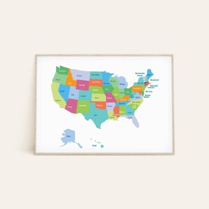 Mapa de EE.UU. Usa mapa impresión educativo cartel pared arte escuela virtual escuela escritorio en línea aprendizaje niños niña niña EE.UU. diseño de la decoración de la pared grado de arte
