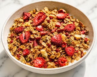 Homemade Small-Batch Granola Blush Crunch - Strawberry, Vanilla Baked Gourmet Breakfast or natural Snack Handcrafted organic ingredients