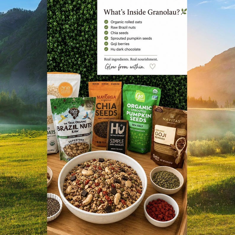 May include: A white bowl filled with granola containing oats, Brazil nuts, chia seeds, pumpkin seeds, goji berries, and dark chocolate. Surrounding the bowl are individual bags of these ingredients and a sign listing the contents as organic.