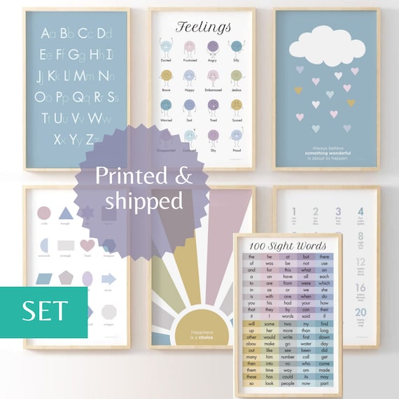 Set of 7 Playroom Prints, Preschool Prints, Pastel Feelings Chart 