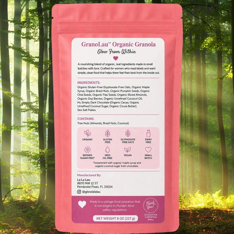 May include: A pink stand-up pouch of GranoLau Organic Granola Glow From Within. The label lists ingredients including oats, maple syrup, nuts, seeds, and dark chocolate. It features icons for organic, gluten-free, and vegan, with a net weight of 8 oz.
