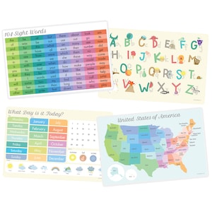 May include: Four educational posters. One displays 104 sight words, another the alphabet with illustrations, a third a calendar, and the last a map of the United States. The posters are designed for educational purposes.