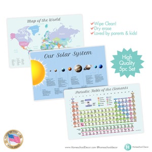 3pc educational Placemat Set Periodic Table, World map, Solar System, Kids 5th 6th grade learning aid, Dining placement