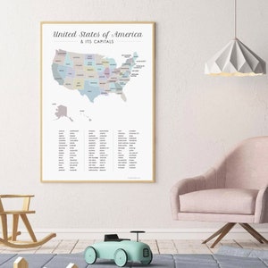 US mapa pared arte decoración grande Usa imprime educativo poster desk ideas en línea aprendizaje niños niña USA mapa decoración ideas EE.UU. estados capital