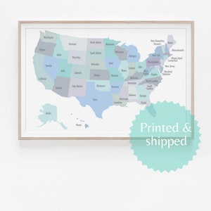 USA Map Poster Print Para arte de sala de juegos, tonos azules, impresión de arte de pared de la habitación para niños decoración de la sala de estar, mapa de EE. UU. mapa de impresión grande, color neutro