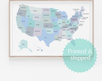 USA Map Poster Print For playroom art, blue shades, kids room wall art prints living room decoration, usa map print map large, neutral color