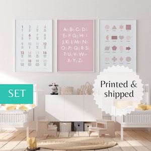 Juego de 3 impresiones educativas para carteles de arte de pared para niñas, aprenda formas, conteo, abecedario, preescolar, jardín de infantes, niños, educación en el hogar, ideas de decoración Montessori
