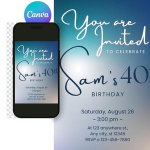 May include: A blue and white digital invitation for a 40th birthday party. The invitation reads "You are invited to celebrate Sam's 40th Birthday". The invitation includes the date, time, location, and RSVP information.