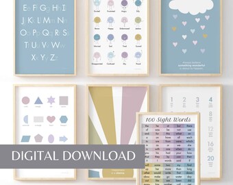 Set of 7 Playroom prints, preschool prints, Pastel Feelings Chart, PRINTABLE Wall Art, Montessori Homeschool decor Pastel Classroom DIGITAL