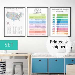 Conjunto de 3 carteles impresos ilustraciones educativas de arte mural niños aprenden estados de nosotros capitales, gramática, matemáticas habitación de niños ideas de decoración de educación en casa Montessori