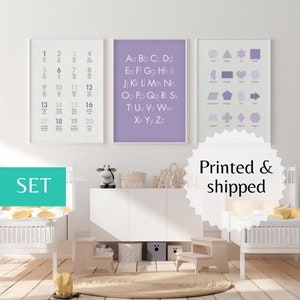 Juego de 3 impresiones de carteles educativos de arte de pared para niñas que aprenden formas, conteo, abecedario, preescolar, jardín de infantes, niños, educación en el hogar, decoración Montessori