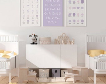 Set of 3 educational poster nursery prints for girls shapes counting abc preschool kindergarten kids homeschool decor ideas Montessori