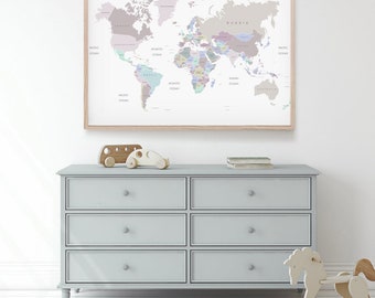 World Map Poster Print for playroom decor, neutral tones, educational kids room homeschool wall art decoration preschool poster Huge large