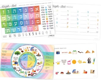 Learn Hebrew Placemat 2pc SET for kids Aleph Bet Hebrew Alphabet abc hebrew laminated poster educational chart Hebrew alphabet Jewish