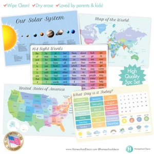 May include: A set of five educational posters. The posters include a solar system diagram, a world map, a map of the United States, a sight words chart, and a calendar. The posters are labeled "Wipe Clean! Dry erase Loved by parents & kids!"