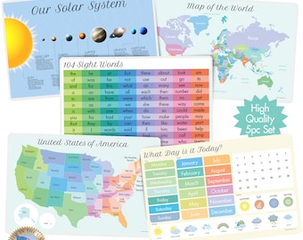 Kids Placemat set learning Planets, sight words, days month weather, World, USA, Dining placement, educational school aid elementary