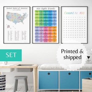 Cartel impreso conjunto educativo de 3 impresiones de arte de pared aprender Palabras de la vista, EE.UU. estados capitales, matemáticas niños habitación homechool ideas de decoración Montessori