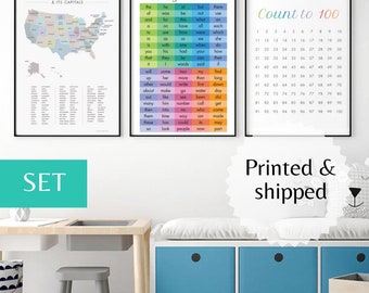 Printed poster educational Set of 3 wall art prints learn Sight Words, USA states capitals, math kids room homeschool decor ideas Montessori