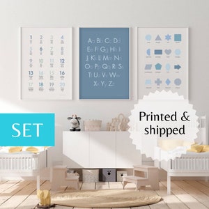 Juego de 3 impresiones de carteles de arte de pared educativos para niños que aprenden formas, conteo, abecedario, preescolar, jardín de infantes, educación en el hogar, ideas de matemáticas Montessori