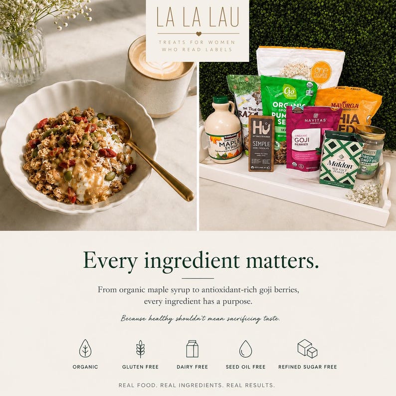 May include: A white bowl filled with granola, pumpkin seeds, and goji berries, accompanied by a mug of coffee and a white tray holding various food items including maple syrup, dark chocolate, goji berries, sea salt, and coconut oil.