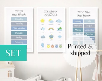 Preschool printed poster educational wall art prints boys learn weather days week months kindergarten kids homeschool decor ideas Montessori