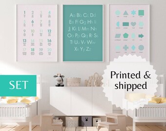 Set of 3 playroom wall decor prints for boys learn abc preschool kindergarten kids homeschool educational poster ideas Montessori
