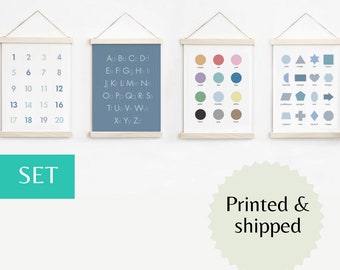 Learning Set of 4 Hanging Canvas Prints, abc, Numbers 1-20, Colors, Shapes, alphabet, Nursery, Playroom Decor, school hangings, kids room